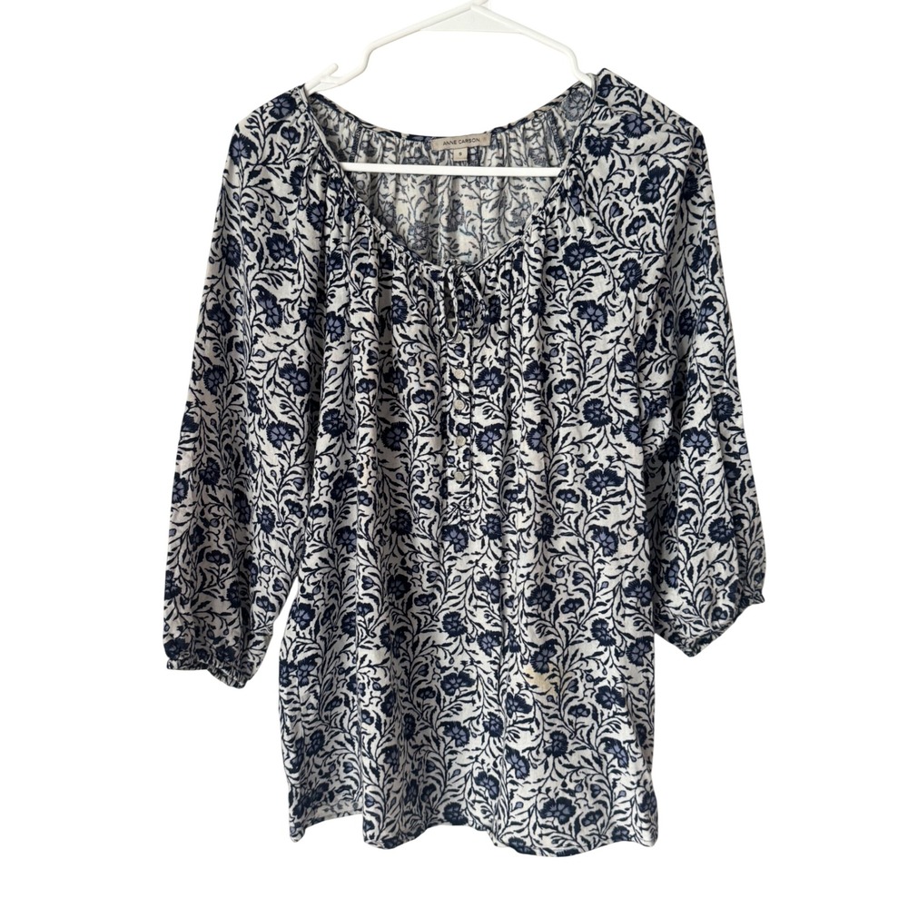 Anne Carson Navy Blue White Floral Peasant Blouse 3/4 Sleeve Small